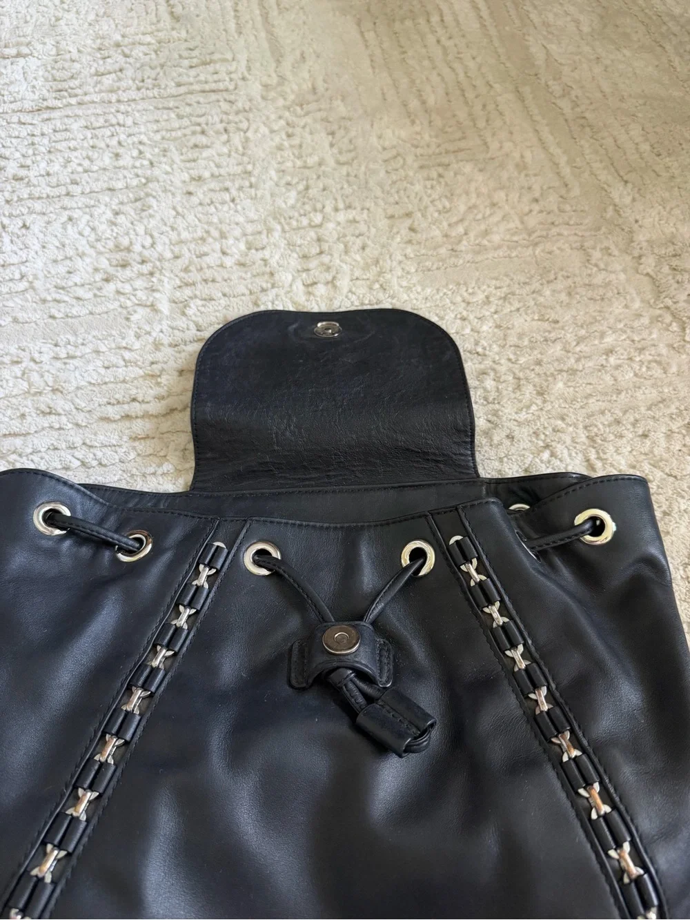 Michael Kors Black Leather Chain-Trim Drawstring Backpack